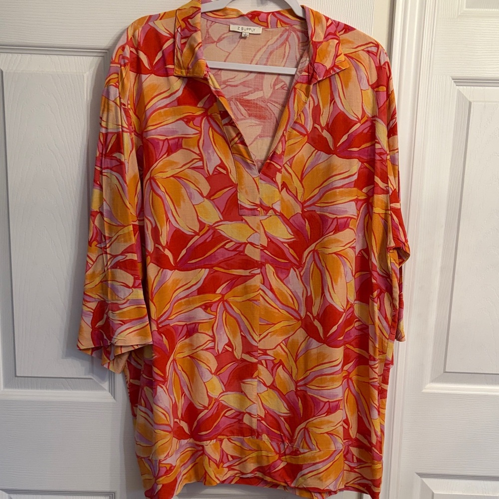 Linen blend tropical print tunic top